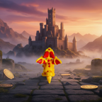 Yellow dragon with red details in front of a castle and mountain landscape
